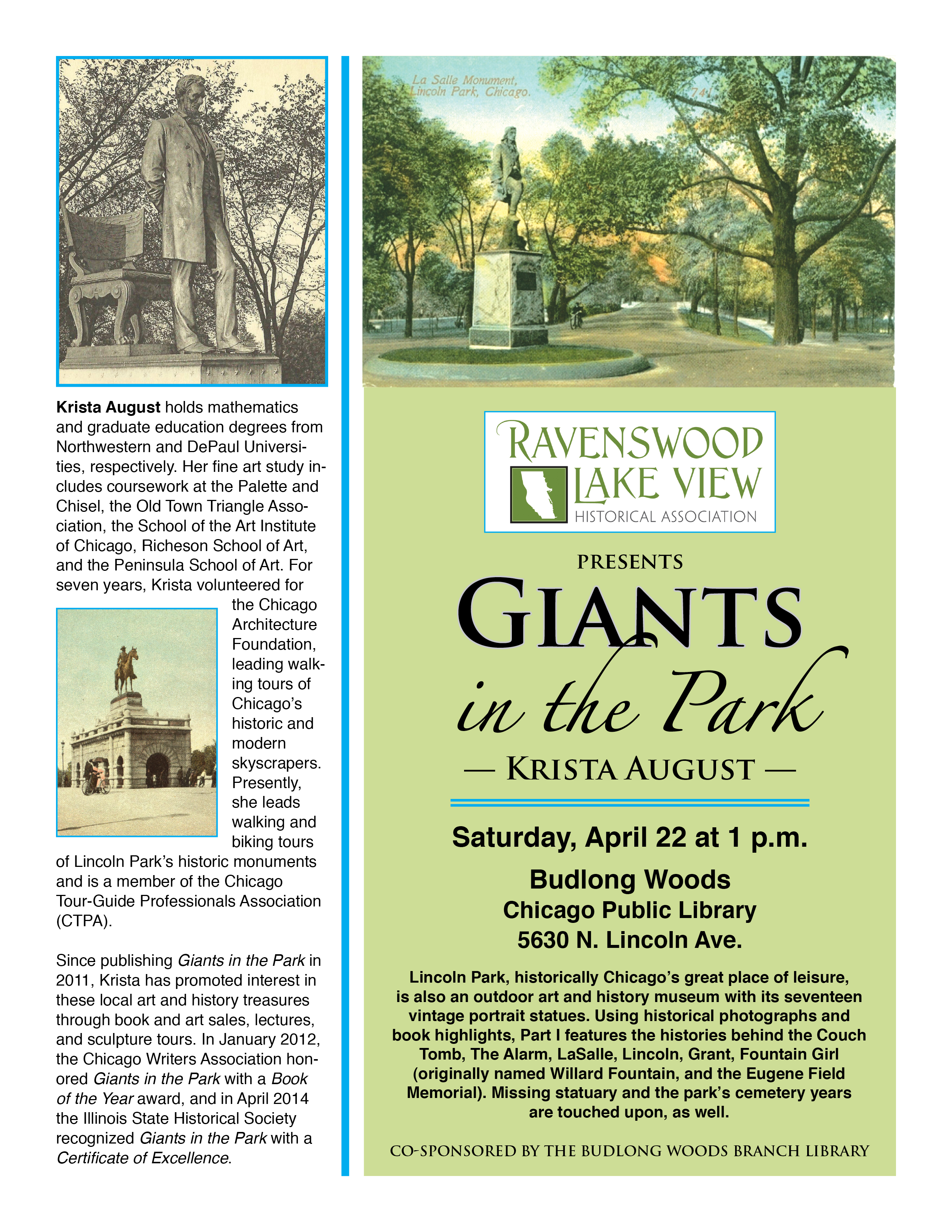 Giants in the Park: The Portrait Statues of Lincoln Park, Saturday, April 22, 1:00 p.m., Budlong Woods Chicago Public Library, 5630 N. Lincoln Ave